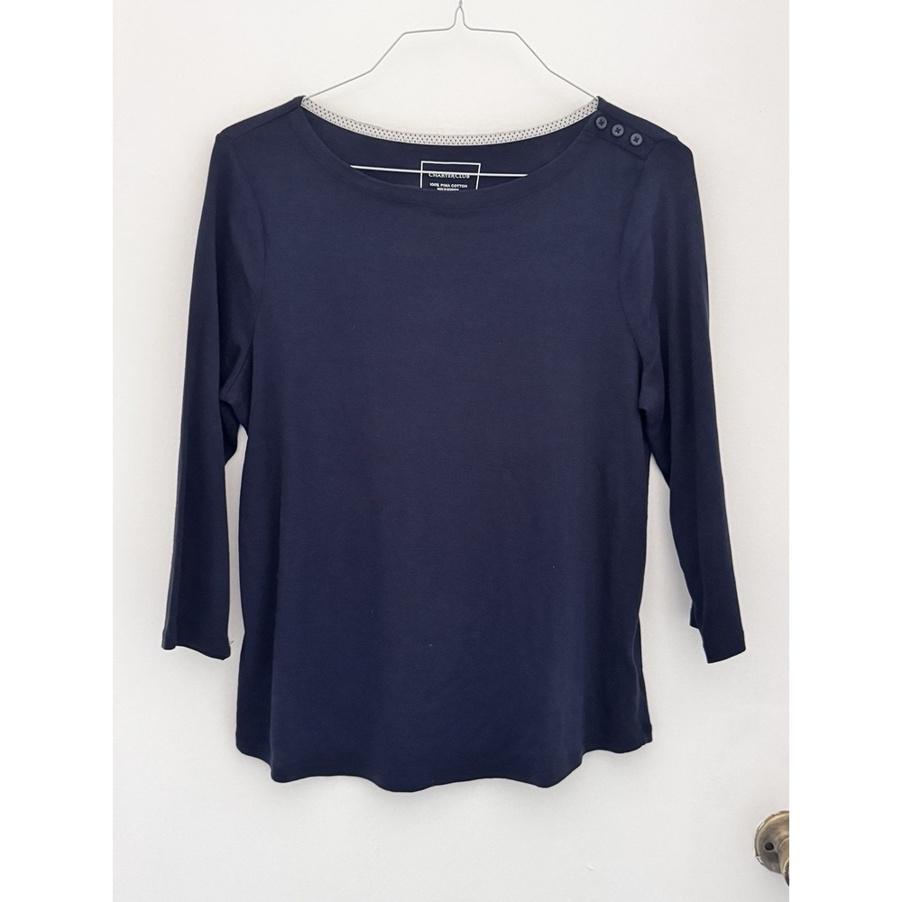 Charter Club Womens Top L Blue Pima Cotton Boat Neck 3/4 Sleeve Faux Buttons Tee
